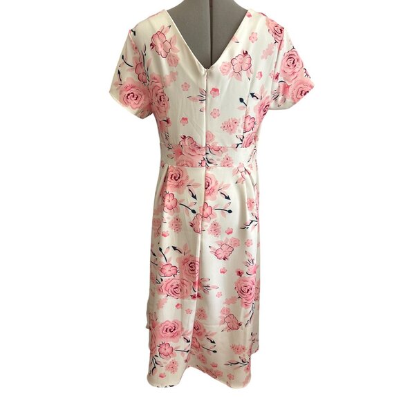 Floral White & Pink Midi Dress With Short Sleeves Back Zip Vtg Style Size XL - Picture 3 of 7